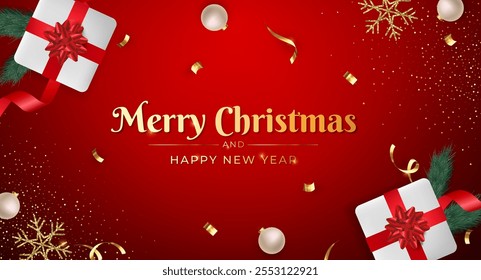 Vector illustration of a Merry Christmas greeting card featuring red and gold festive decorations and gift boxes on a vibrant background.