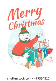 Vector illustration, Merry Christmas, greeting card cute polar bear wearing knitted sweater ant hat  opening presents. Hand drawn flat doodle style