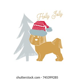 Vector illustration of Merry Christmas greeting card with Dog in Santa hat and quote.Scandinavian xmas elements with vintage, natural color. Christmas tree, ball, gift and christmas boot.