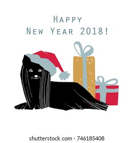 Vector illustration of Merry Christmas greeting card with Dog in Santa hat and quote.Scandinavian xmas elements with vintage, natural color. Christmas tree, ball, gift and christmas boot.