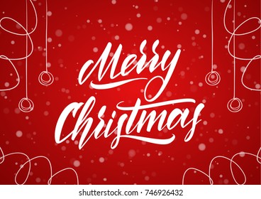 Vector illustration: Merry Christmas. Handwritten elegant classic brush lettering with hand drawn decoration on red snowflake background.