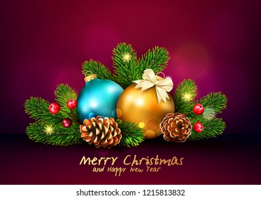 Vector illustration for Merry Christmas and Happy New Year . Greeting card with New Year's balls, branches of spruce and cones on a bright, blurry, sparkling background. 