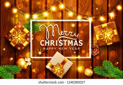 Vector illustration for Merry Christmas and Happy New Year . Greeting card with New Year's with bright luminous garlands on a wooden background and text in a frame.