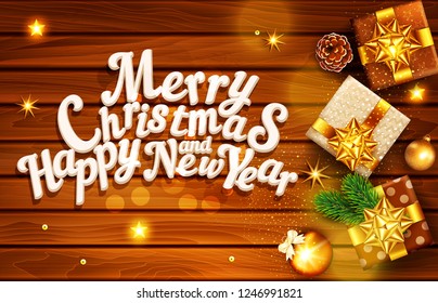 Vector illustration for Merry Christmas and Happy New Year . Greeting card with gift boxes, stars on a wooden background and text.Template for elegant design of postcard,flyer, congratulatory brochure
