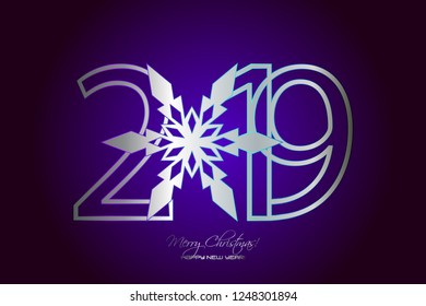 Vector illustration of Merry Christmas and Happy New Year 2019. Snowflake on a purple background
