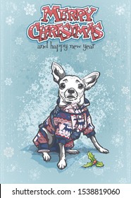 Vector illustration of merry christmas and happy new year. Funny chihuahua in a warm jumpsuit. Christmas card. Bright background image to create original video or web games, graphic design