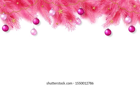 vector illustration of merry christmas or happy new years 2020 with colorful balls, gold stars and branches of spruce