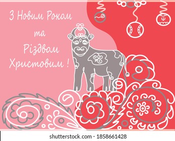 vector illustration with Merry Christmas and Happy New Year greetings with a gray bull with a pattern of flowers New Year's layers of white and gray on a red with a pink background