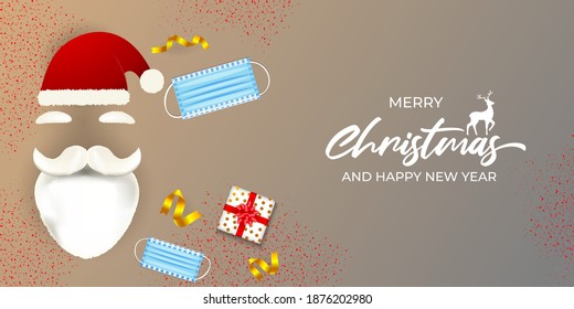 Vector illustration of Merry Christmas and Happy New Year concept greeting card with santa claus, face mask, snowflakes, gifts and ribbons, happy holiday wishes.