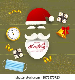 Vector illustration of Merry Christmas and Happy New Year concept greeting card with santa claus and face mask, gifts, golden watch, bell, golden ribbons, Happy holiday wishes. 