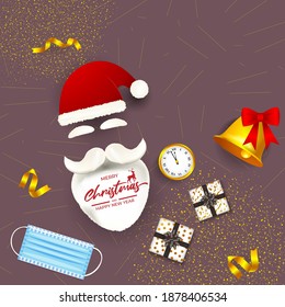 Vector illustration of Merry Christmas and Happy New Year concept greeting card with santa claus and face mask, gifts, golden watch, bell, golden ribbons, Happy holiday wishes. 