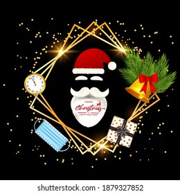 Vector illustration of Merry Christmas and Happy New Year concept greeting card with santa claus, face mask, jingle bell, watch, pine branches on golden frame. Happy holiday wishes.
