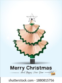 vector illustration of "Merry Christmas" and happy new year celebration concept, typography with Christmas tree decoration of pencil waste material