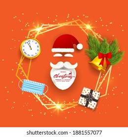 Vector illustration of Merry Christmas and Happy New Year concept greeting card with santa claus, face mask, jingle bell, watch, pine branches on golden frame. Happy holiday wishes.