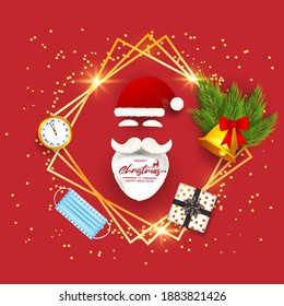 Vector illustration of Merry Christmas and Happy New Year concept greeting card with santa claus, face mask, jingle bell, watch, pine branches on golden frame. Happy holiday wishes.