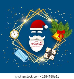 Vector illustration of Merry Christmas and Happy New Year concept greeting card with santa claus, face mask, jingle bell, watch, pine branches on golden frame. Happy holiday wishes.