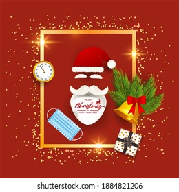 Vector illustration of Merry Christmas and Happy New Year concept greeting card with santa claus, face mask, jingle bell, watch, pine branches on golden frame. Happy holiday wishes.