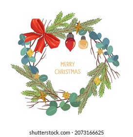 Vector illustration. Merry Christmas and Happy Holidays! Wreath of spruce branches, dry branches, eucalyptus branches.Drawing for card, poster
