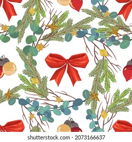Vector illustration. Merry Christmas and Happy Holidays! Wreath of spruce branches, dry branches, eucalyptus branches. Light  background, seamless pattern