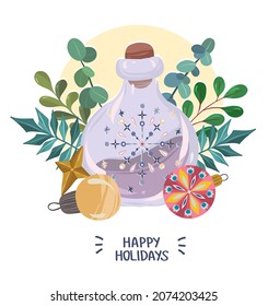 Vector illustration. Merry Christmas and Happy Holidays! Christmas toys, jar with magic. Drawings for card, poster, print on t-shirt