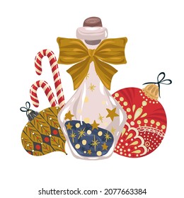 Vector illustration. Merry Christmas and Happy Holidays! Candy cane, jar with magic, сhristmas toys. Drawings for card, print on t-shirt, poster
