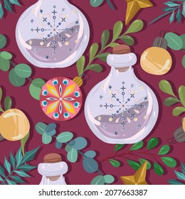 Vector illustration. Merry Christmas and Happy Holidays! Christmas toys, jar with magic. dark background, seamless pattern