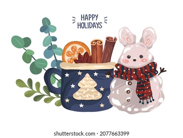 Vector illustration. Merry Christmas and Happy Holidays! Mug with mulled wine, snowman, eucalyptus branches. Drawings for card, print on t-shirt, poster