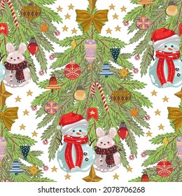 Vector illustration. Merry Christmas and Happy Holidays! Christmas tree, snowmen. Dark background, seamless pattern