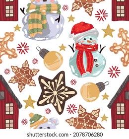Vector illustration. Merry Christmas and Happy Holidays! Scandinavian toy houses, snowman, ginger cookie. light  background, seamless pattern