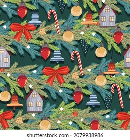 Vector illustration. Merry Christmas and Happy Holidays! Garland of fir branches, Christmas decorations. Dark  background, seamless pattern