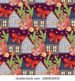 Vector illustration. Merry Christmas and Happy Holidays! Scandinavian toy houses. Christmas tree toy.  dark background, seamless pattern