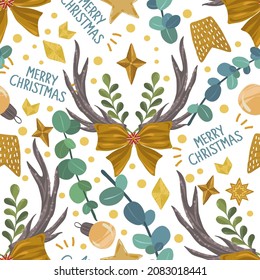 Vector illustration. Merry Christmas and Happy Holidays! Christmas decor antlers, Eucalyptus branches. Christmas tree toys. Light background, seamless pattern