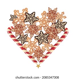 Vector illustration. Merry Christmas and Happy. Gingerbread cookie, candy cane. Drawings for card, print on t-shirt, poster