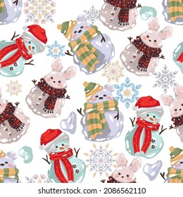 Vector illustration. Merry Christmas and Happy. Snowmen, snowflakes.  light  background, seamless pattern