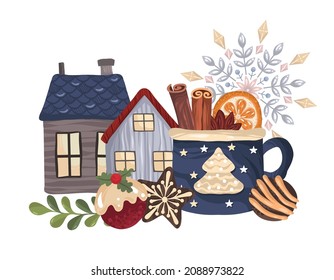 Vector illustration. Merry Christmas and Happy. Mug mulled wine, Scandinavian houses, candys. Drawings for card, poster, print on t-shirt
