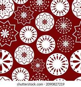 Vector illustration. Merry Christmas and Happy New Year seamless pattern. Lace background with round abstract snowflakes. Perforated bright patterns Papel Picado pattern.