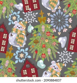 Vector illustration. Merry Christmas and Happy. Scandinavian house, snowman, christmas tree. dark background, seamless pattern