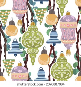 Vector illustration. Merry Christmas and Happy. Christmas tree decorations. light  background, seamless pattern