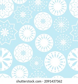 Vector illustration. Merry Christmas and Happy New Year seamless pattern. Lace background with round abstract snowflakes. Perforated bright patterns Papel Picado pattern.