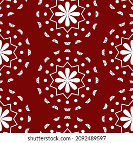 Vector illustration. Merry Christmas and Happy New Year seamless pattern. Lace background with round abstract snowflakes. Perforated bright patterns Papel Picado pattern.