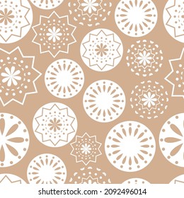 Vector illustration. Merry Christmas and Happy New Year seamless pattern. Lace background with round abstract snowflakes. Perforated bright patterns Papel Picado pattern.