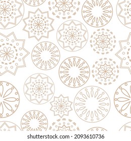 Vector illustration. Merry Christmas and Happy New Year seamless pattern. Line contour lace background with round abstract snowflakes. Perforated bright patterns Papel Picado pattern.