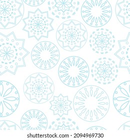 Vector illustration. Merry Christmas and Happy New Year seamless pattern. Line contour lace background with round abstract snowflakes. Perforated bright patterns Papel Picado pattern.