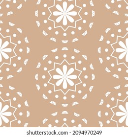 Vector illustration. Merry Christmas and Happy New Year seamless pattern. Lace background with round abstract snowflakes. Perforated bright patterns Papel Picado pattern.