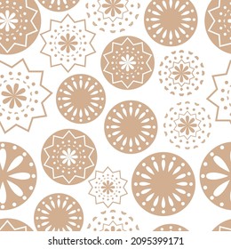 Vector illustration. Merry Christmas and Happy New Year seamless pattern. Lace background with round abstract snowflakes. Perforated bright patterns Papel Picado pattern.