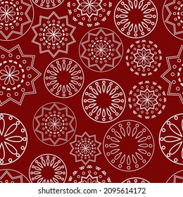 Vector illustration. Merry Christmas and Happy New Year seamless pattern. Line contour lace background with round abstract snowflakes. Perforated bright patterns Papel Picado pattern.