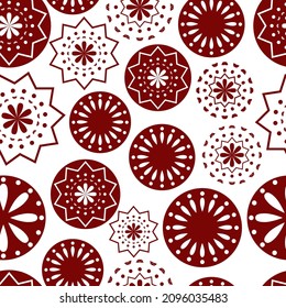 Vector illustration. Merry Christmas and Happy New Year seamless pattern. Lace background with round abstract snowflakes. Perforated bright patterns Papel Picado pattern.