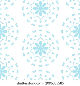 Vector illustration. Merry Christmas and Happy New Year seamless pattern. Lace background with round abstract snowflakes. Perforated bright patterns Papel Picado pattern.