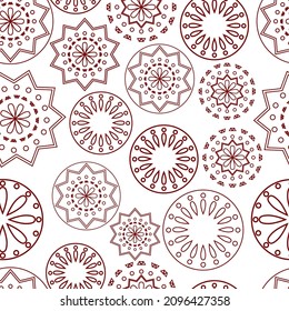 Vector illustration. Merry Christmas and Happy New Year seamless pattern. Line contour lace background with round abstract snowflakes. Perforated bright patterns Papel Picado pattern.