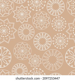 Vector illustration. Merry Christmas and Happy New Year seamless pattern. Line contour lace background with round abstract snowflakes. Perforated bright patterns Papel Picado pattern.